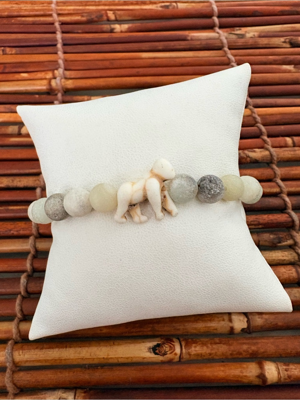Semiprecious Bead Gorilla Charm Stretch Bracelet in Soft Neutrals